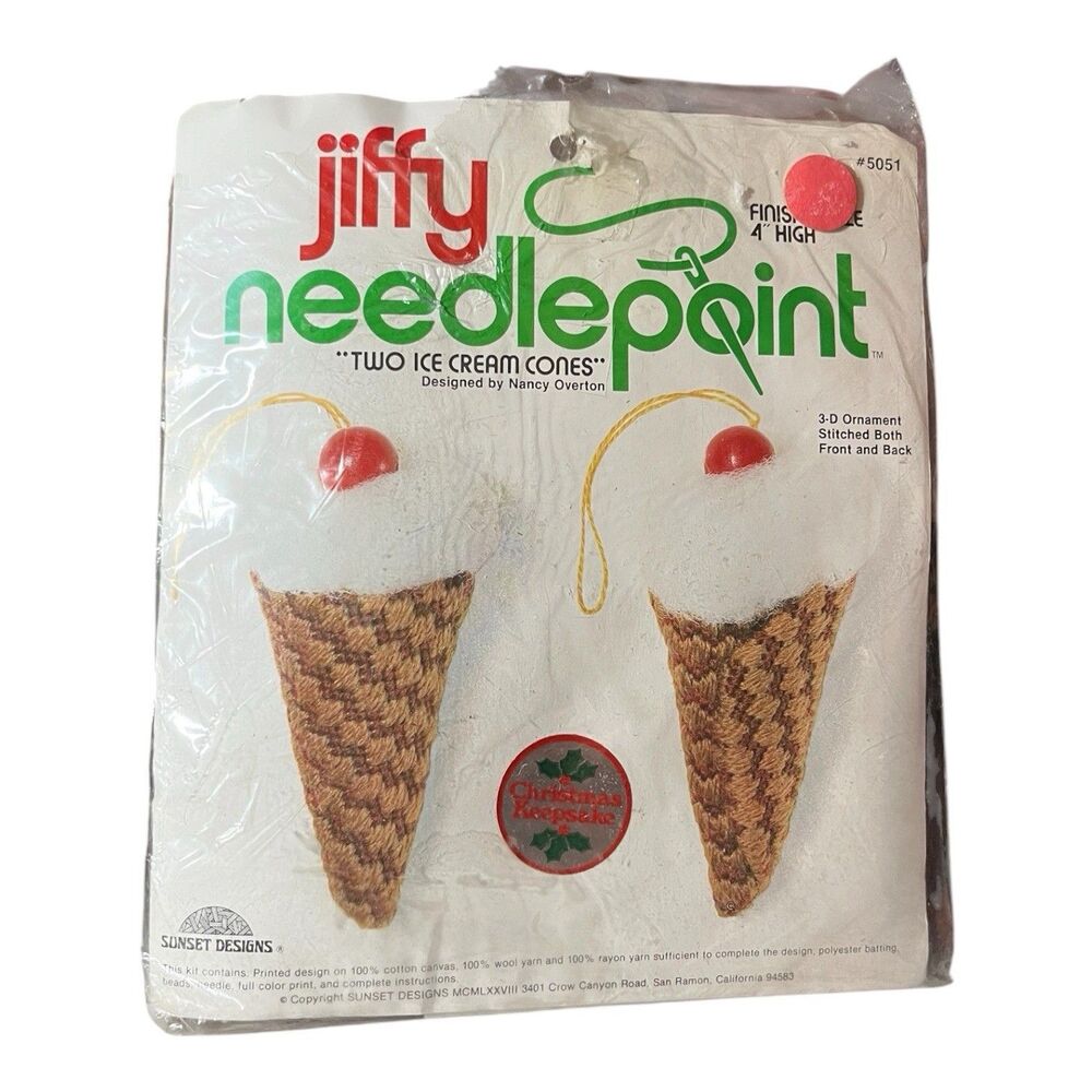 Vintage Sunset Jiffy Needlepoint 2 Ice Cream Cones Christmas Ornaments Open